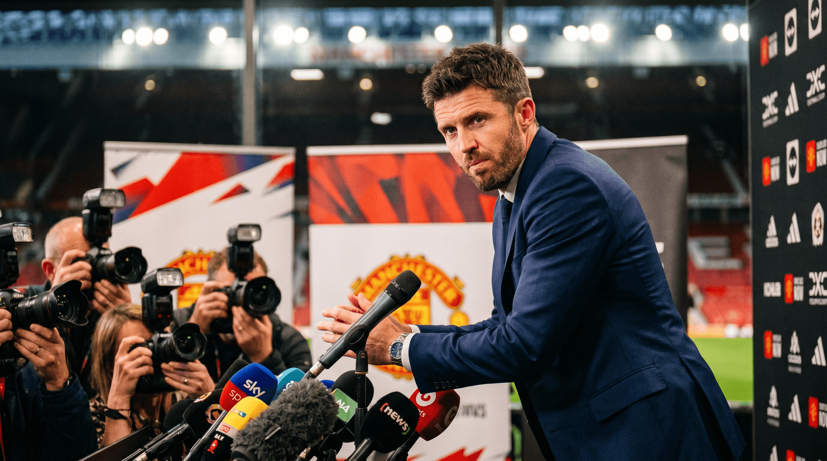 Michael Carrick, entrenador del Manchester United, en una rueda de prensa, con el micrófono del club y una expresión seria pero confiada, hablando sobre su futuro.