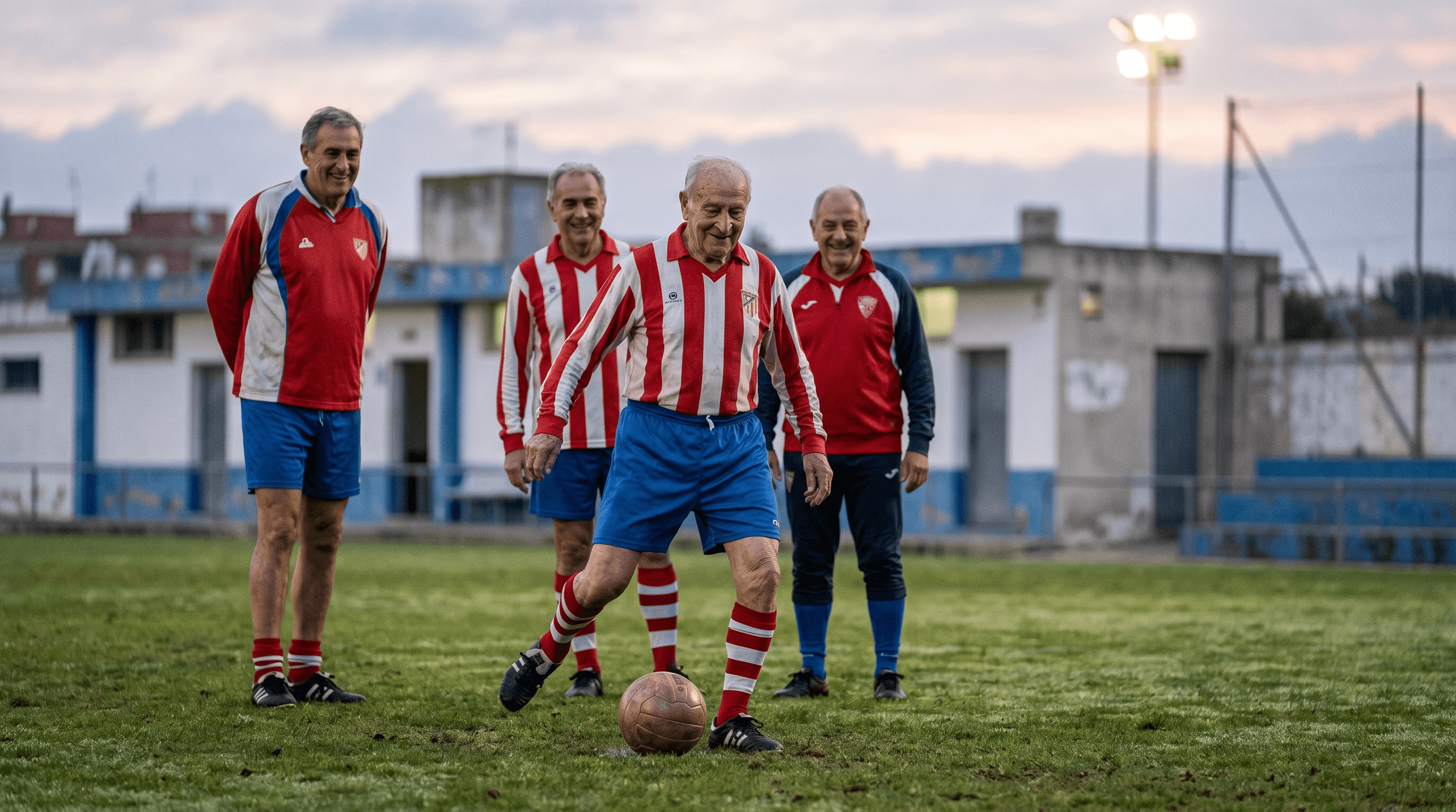 Jaume Borràs, futbolista de 94 años, sonriendo mientras patea un balón en un campo de fútbol de veteranos en Barcelona.