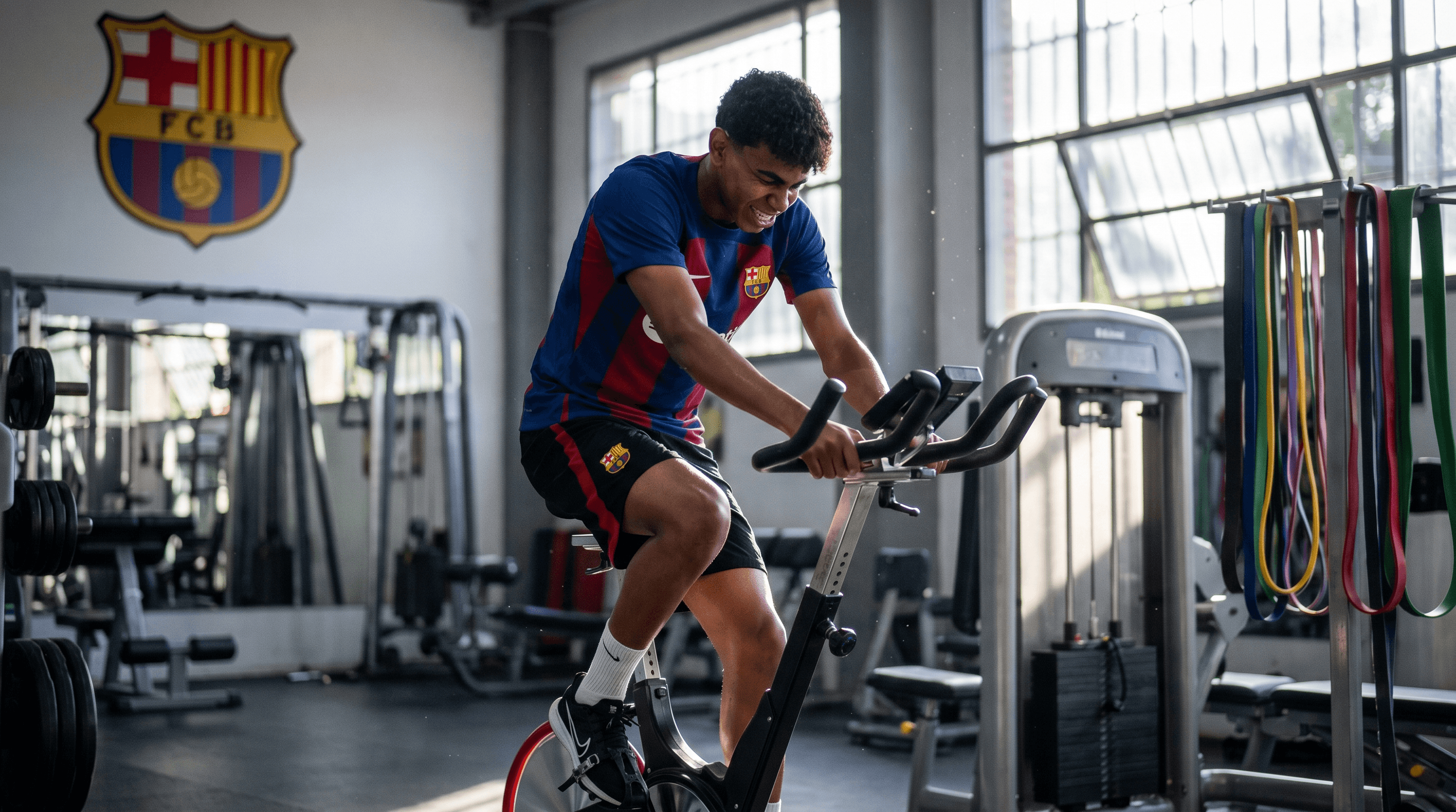Lamine Yamal entrenando en el gimnasio durante su recuperación.