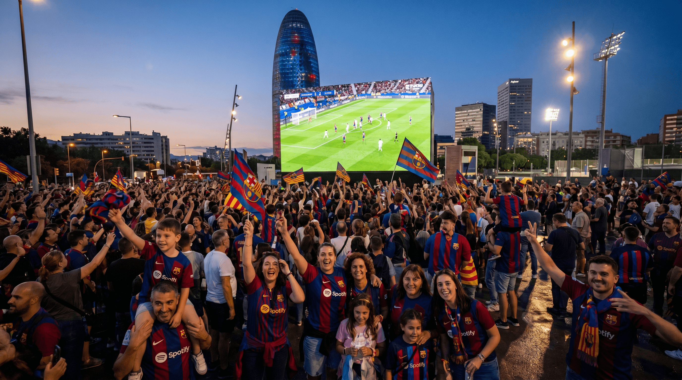 Aficionados del FC Barcelona celebrando un gol en un evento de pantalla gigante en el parque de las Glòries, con el skyline de Barcelona al fondo y el escudo del club proyectado.