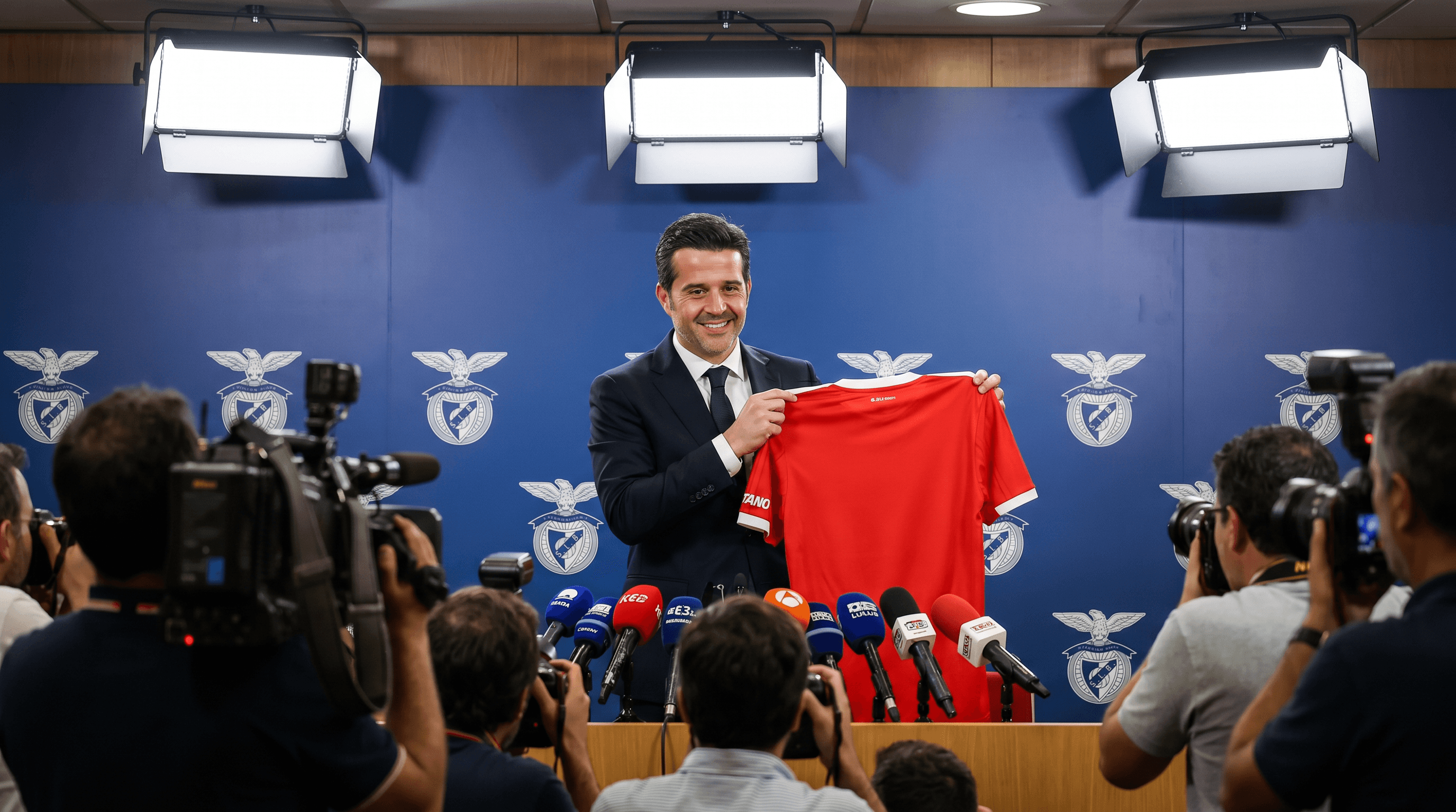 Marco Silva sonriendo durante su presentación como nuevo entrenador del Benfica, con el escudo del club de fondo y una camiseta con su nombre.