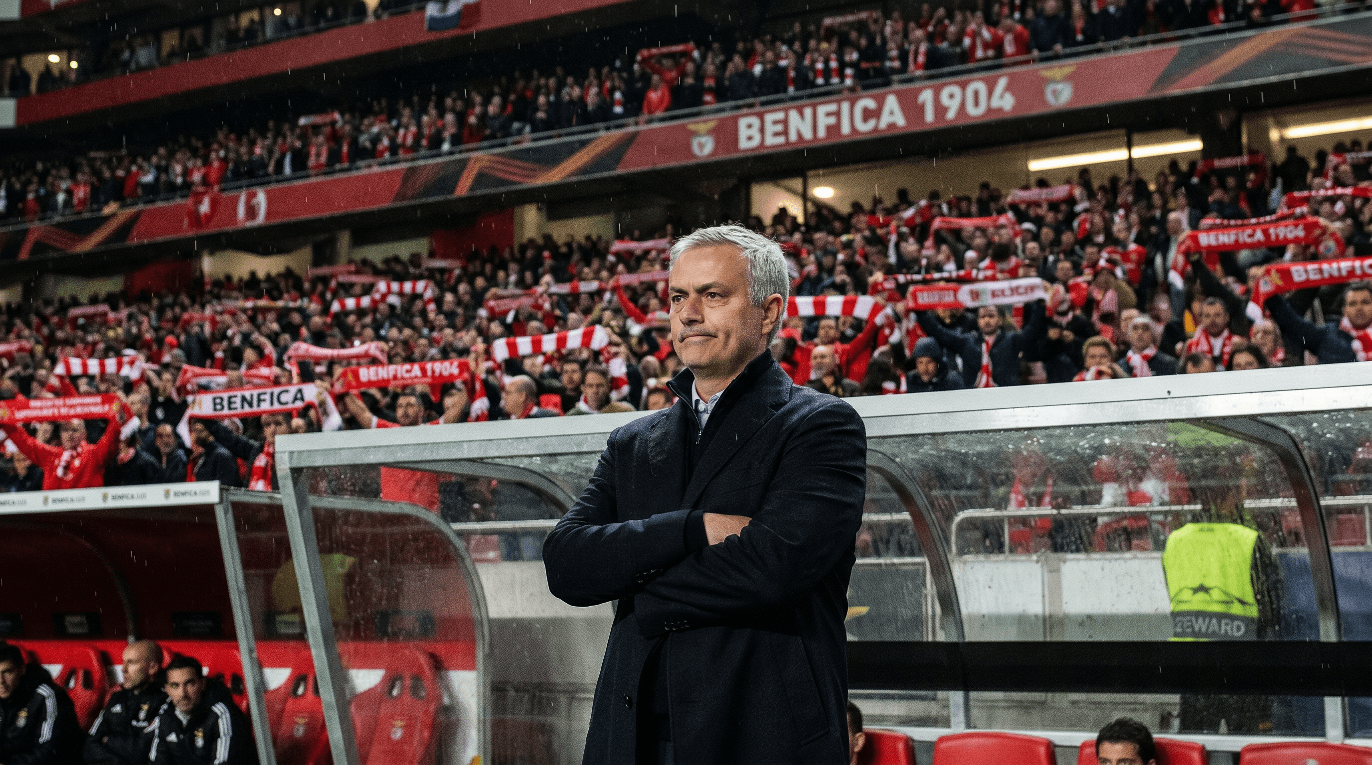 José Mourinho con expresión seria en el banquillo del Benfica durante el último partido de Liga, con el escudo del club al fondo y la afición celebrando.