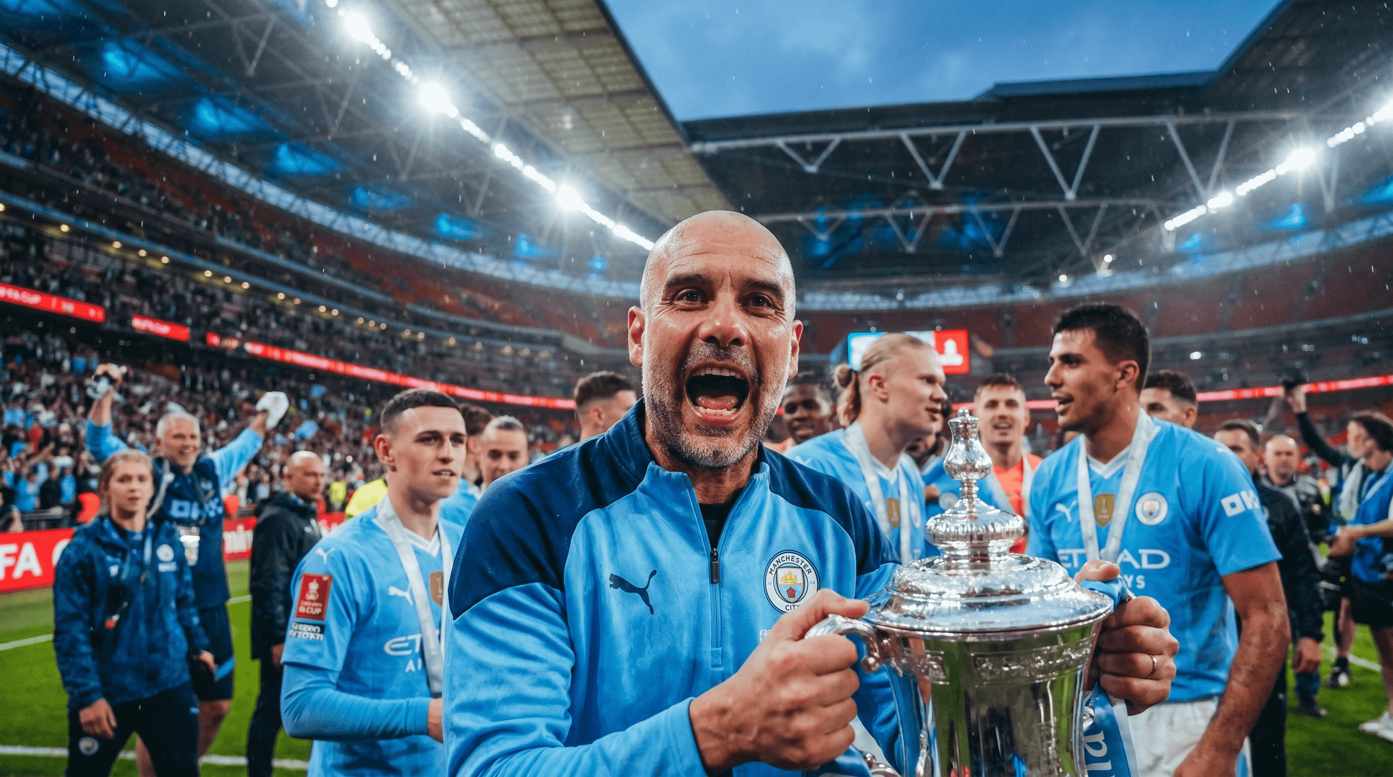 Pep Guardiola celebrando la FA Cup 2025-26 con el Manchester City.